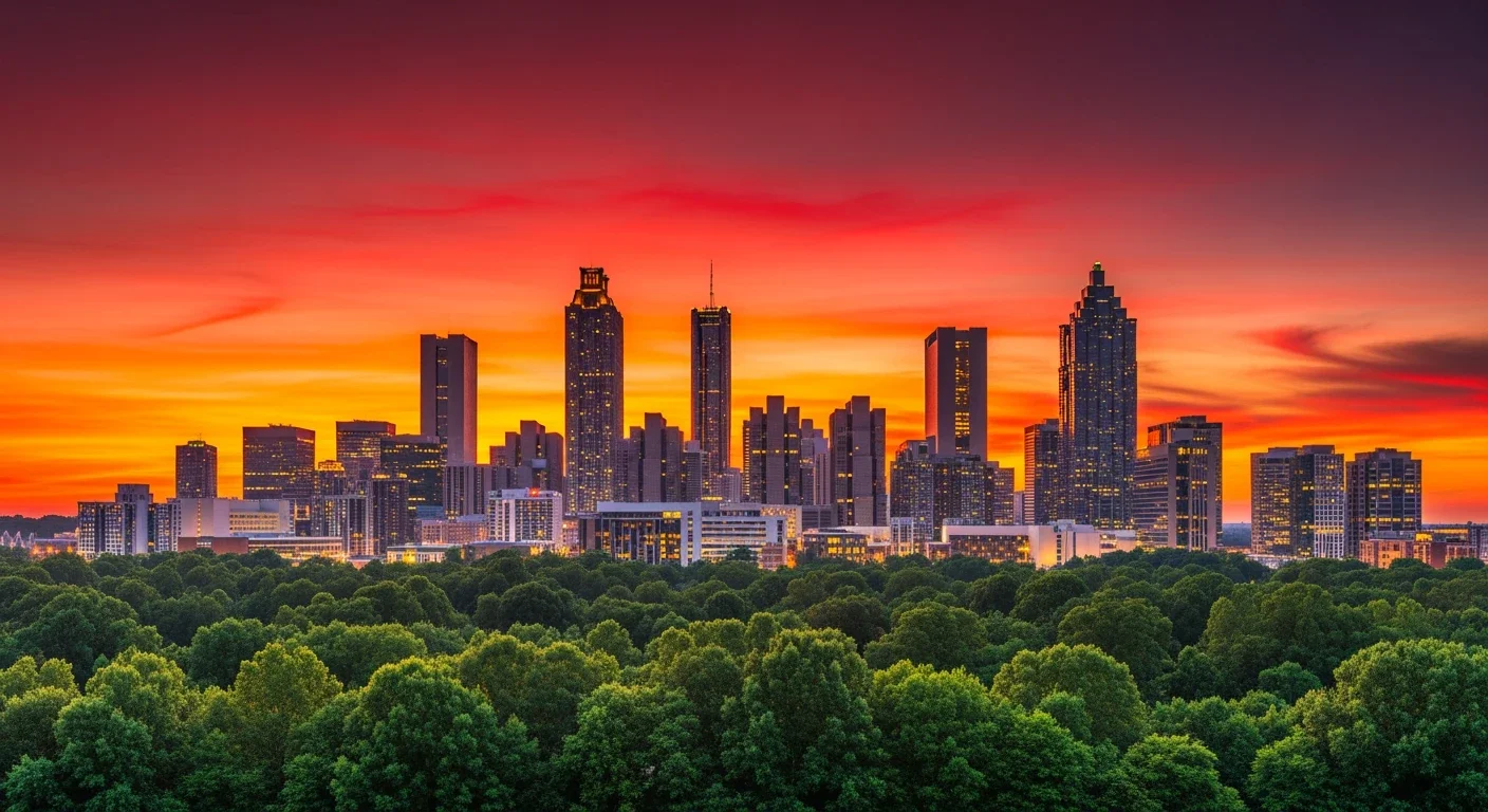 Atlanta, USA Vibrant sunset over the downtown Atlanta skyline and lush green trees, a 2026 host city destination
