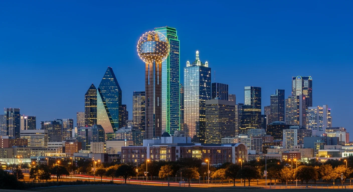 Dallas, USA Illuminated Dallas skyline at dusk featuring Reunion Tower, a host city for the 2026 World Cup.