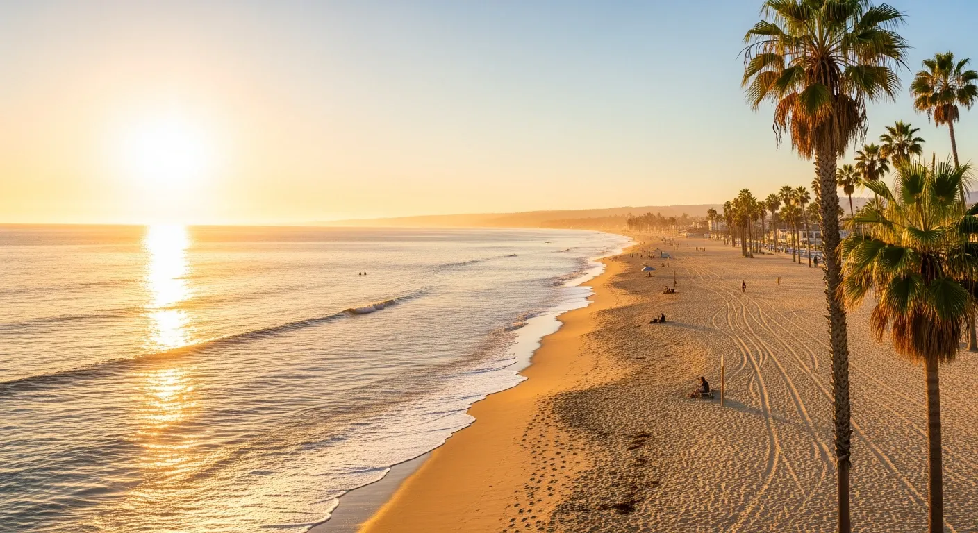 Los Angeles, USA Golden hour sunset over a sandy Los Angeles beach with palm trees and ocean waves.