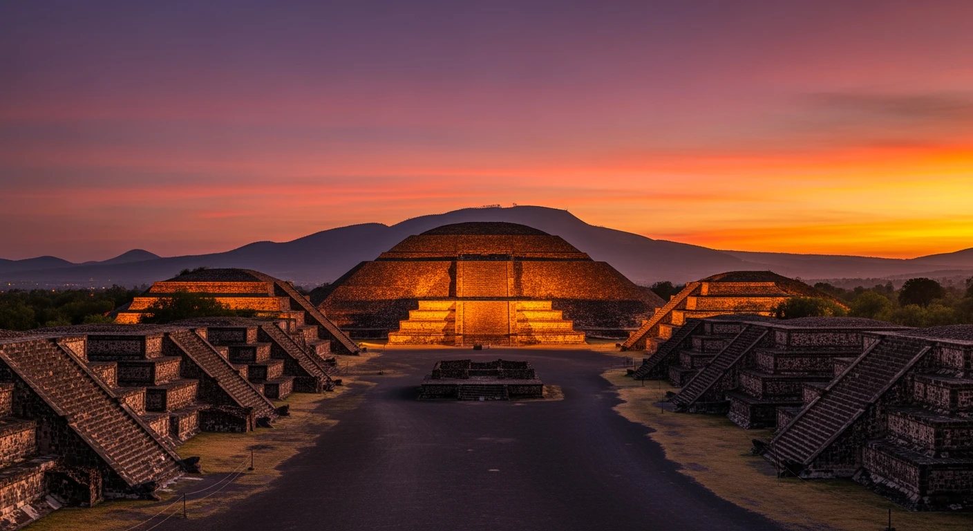 Mexico City, Mexico Illuminated Teotihuacan pyramids at sunset near Mexico City