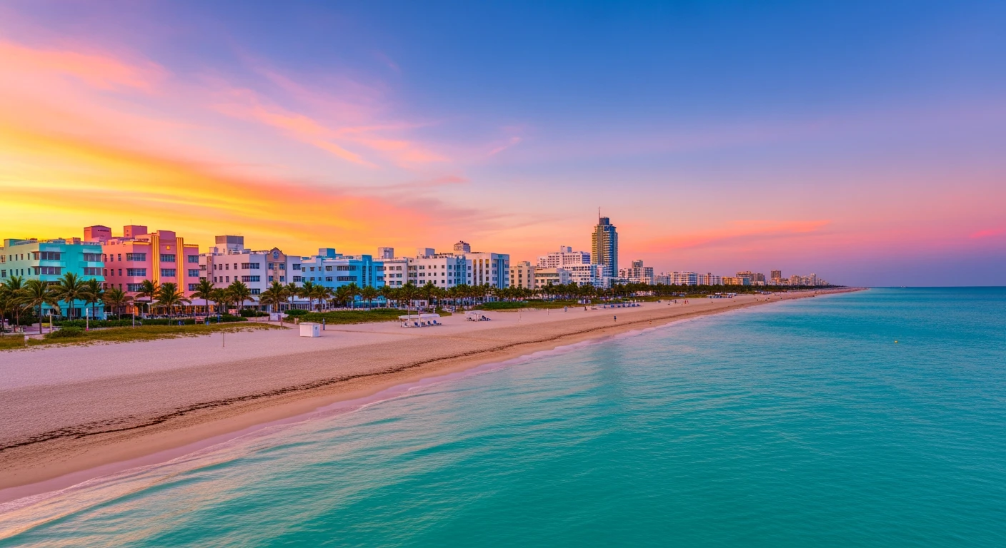 Miami, USA Miami Beach skyline and sandy beach at sunrise with colorful sky