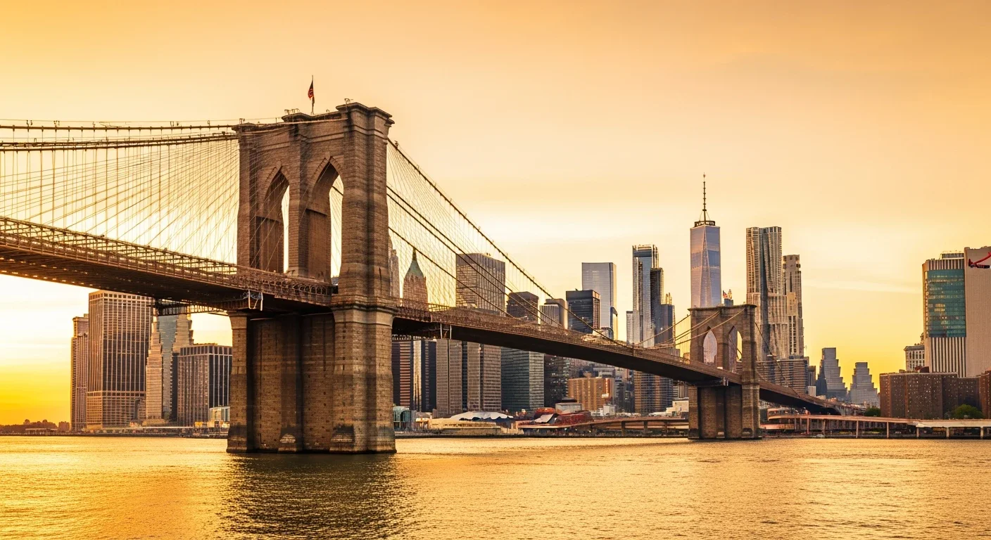 New York / New Jersey skyline Brooklyn Bridge and Lower Manhattan skyline at sunset, representing the New York/New Jersey host city.