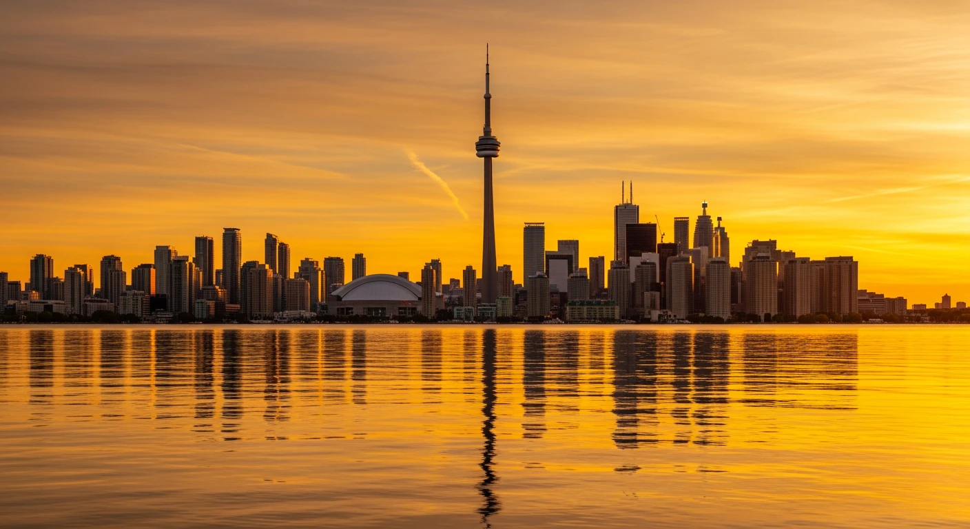 Toronto, Canada Toronto skyline at sunset reflecting on Lake Ontario, featuring the CN Tower and Rogers Centre.