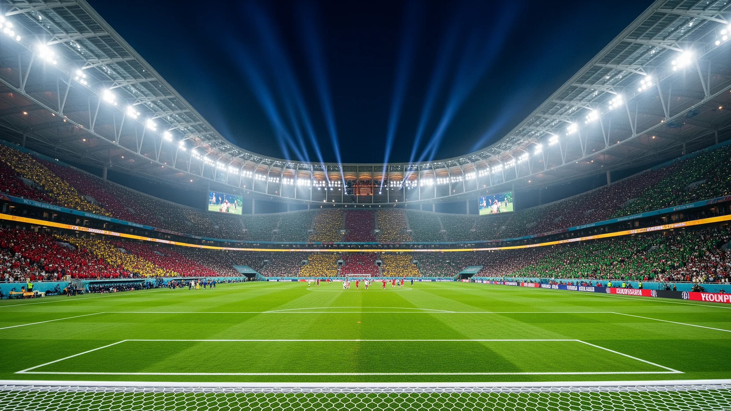 Wide view of a packed soccer stadium at night under bright spotlights during an international match.