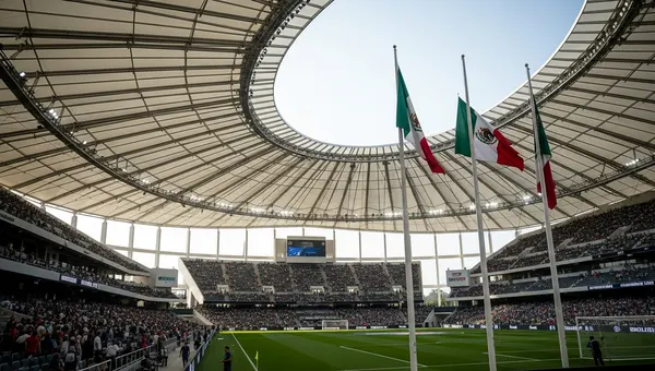 Estadio Guadalajara Interior view of Estadio Guadalajara in Mexico, with a full crowd and Mexican flags before a soccer match.