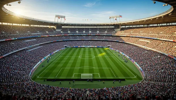 New York New Jersey Stadium A packed generic soccer stadium at sunset, illustrating the New York New Jersey Stadium crowd atmosphere expected for the 2026 tournament.